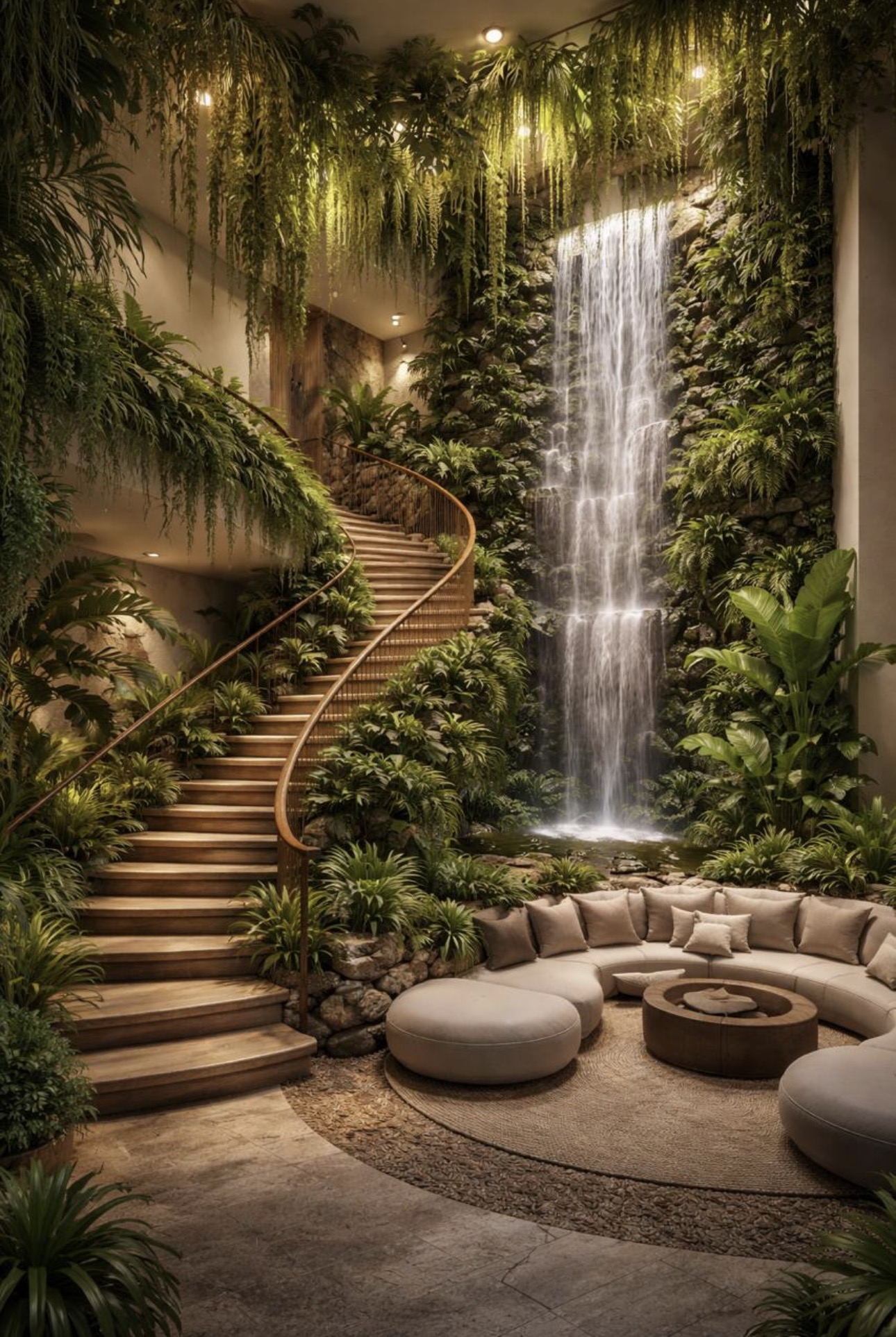The Rainforest Sanctuary &mdash; a vertical forest of layered greenery, a full-height waterfall, and warm ambient light